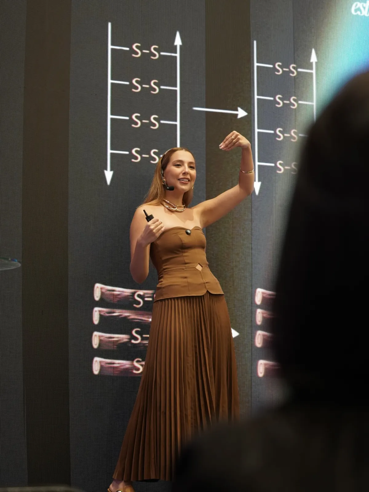 Ana apresentando um conteúdo visual diante de uma plateia.